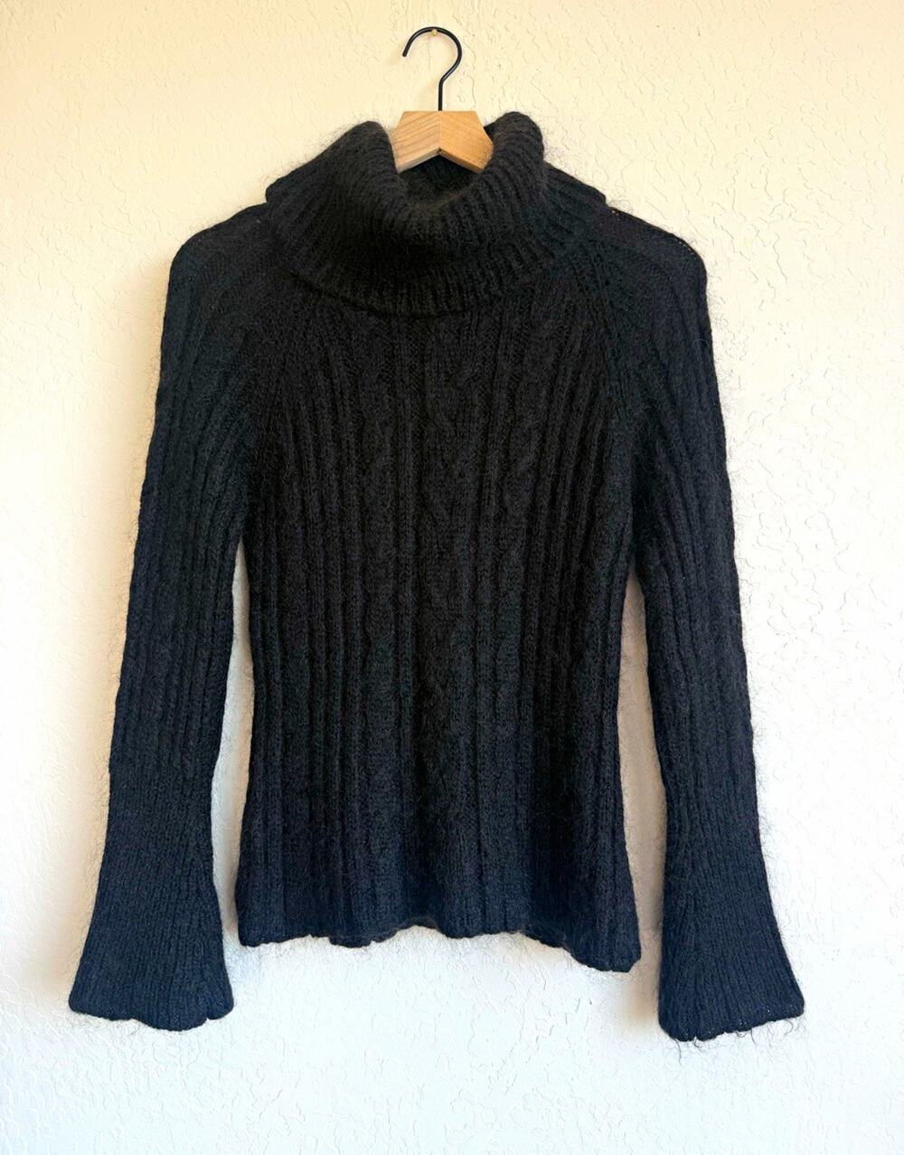 Garnet Hill Sweater M Kid Mohair Wool Black Cowl Neck Cable Knit Bell Sleeve